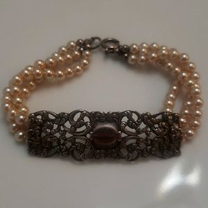 Vintage Sterling Bar Pearl Bracelet